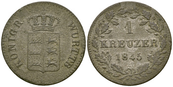 Вюртемберг 1 крейцер 1845 Вильгельм I (1816-1864) KM 590 серебро 99-823