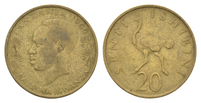 Танзания 20 центов 1966 KM 2 никель латунь 4678-1027