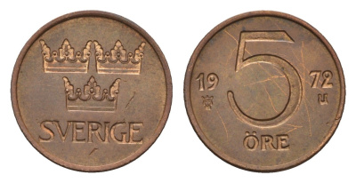 Швеция 5 эре 1972 Густав VI Адольф (1950-1973) KM 845 бронза 116-812