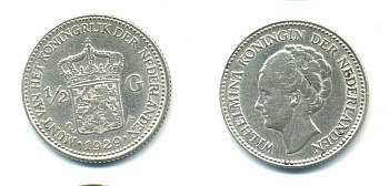 Нидерланды 1/2 гульдена 1929 Вильгельмина I (1890-1948) KM 160 серебро 84-961