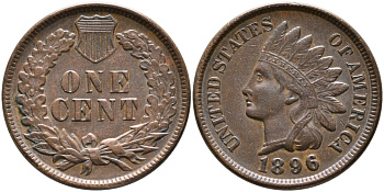 США 1 ЦЕНТ 1896 ИНДЕЕЦ, INDIAN HEAD, AU53 KM 90a бронза 3896-312