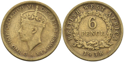 Британская Западная Африка 6 пенсов 1938 Георг VI (1936-1952) KM 22 никель-латунь 4588-659