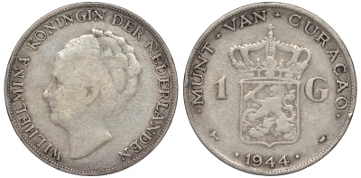 Нидерландское Кюрасао 1 гульден 1944 D, Вильгельмина (1890-1948) KM 45 серебро 36-547