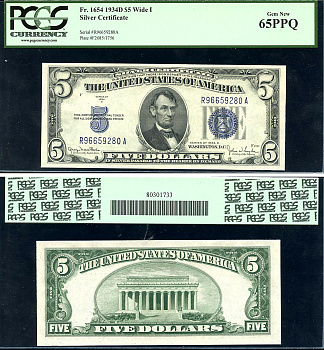 США 5 долларов 1934 серебряный сертификат, D, в слабе PMG 65 Gem New Pick 414 A d, Fr. 1654  бумага  UNC (пресс) 452-3-43