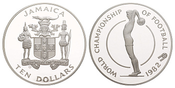 Ямайка 10 долларов 1982 Чемпионат мира по футболу 1982 KM 98 серебро PROOF 1079-2-34