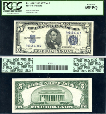 США 5 долларов 1934 серебряный сертификат, D, в слабе PMG 65 Gem New Pick 414 A d, Fr. 1654  бумага  UNC (пресс) 452-3-43