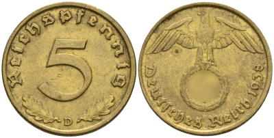 Германия 5 рейхспфеннигов 1938 D KM 91, J. 363 алюминиевая бронза 4151-841