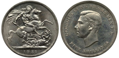Великобритания 5 шиллингов = 1 крона 1951 Георг VI (1936-1952), фестиваль Британии, Георгий Победоносец KM 880, Spink 4111 медно-никель Prooflike 1518-215