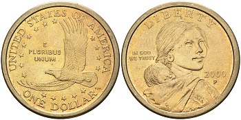 США 1 доллар 2000 Р, индианка Сакагавея KM 310 медь с марганцево-латунным покрытием 63-1144