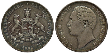 Вюртемберг 1 талер 1864 Вильгельм I (1816-1864) KM 601, J. 83, AKS. 77, Thun. 439, Dav. 959 серебро 00-00-00