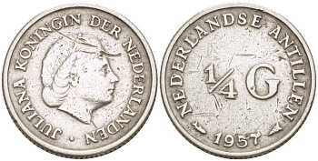 Нидерландские Антилы 1/4 гульдена 1957 Юлиана (1948-1980) KM 4 серебро 3309-362