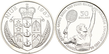 Ниуэ 50 долларов 1987 Олимпийские игры 1988 года в Сеуле 1988, Борис Беккер, теннис KM 2 серебро PROOF 00-00