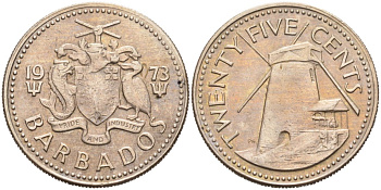 Барбадос 25 центов 1973 ветряная мельница Моргана Льюиса KM 13 медно-никель 4575-1157