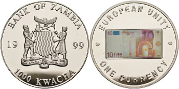 Замбия 1000 квача 1999 серия европейский союз - одна валюта, 10 евро аверс, серебрение KM 122 медь никель цинк 1098-3-33