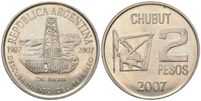 Аргентина 2 песо 2007 100 лет нахождению нефти в Аргентине KM 145 медно-никель UNC 4157-811