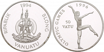 Вануату 50 вату 1994 летние Олимпийские игры 1996 года в Атланте, гимнастика KM 30 серебро PROOF 1088-4-63