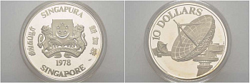 Сингапур 10 долларов 1978 спутники связи, локатор, в оригинальной коробке, с сертификатом KM 17.1 серебро PROOF 00-00