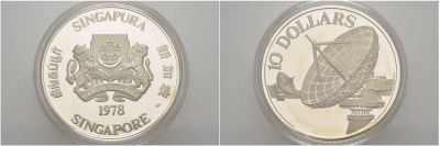 Сингапур 10 долларов 1978 спутники связи, локатор, в оригинальной коробке, с сертификатом KM 17.1 серебро PROOF 00-00