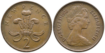 Великобритания 2 пенса 1978 Елизавета II (1952-2022) KM 916, Spink 4235 (C1) бронза 87-727