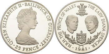 Гернси 25 пенсов 1981 свадьба принца Чарльза Уэльского и леди Дианы KM 36a серебро PROOF 7-5-1-15