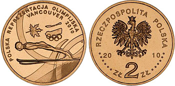 Польша 2 злотых 2010 MW, XXI Зимние Олимпийские игры в Ванкувере 2010 года, польская сборная KM 715 нордик UNC 4676-644