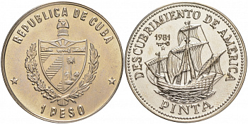 Куба 1 песо 1981 500 лет открытию Америки - "Пинта" KM 67 медно-никель  BU   1526-811 M35-8