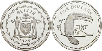 Белиз 5 долларов 1975 ТУКАН KM 44 медно-никель PROOF 00-00