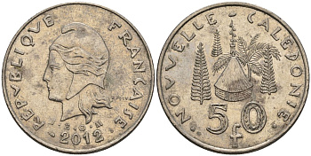 Французская Новая Каледония 50 франков 2012 хижина среди сосен и пальм, (IEOM) KM 13a, Schoen 15a, Lec 128i медно-никель 4111-1015