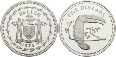 Белиз 5 долларов 1975 ТУКАН KM 44 медно-никель PROOF 00-00