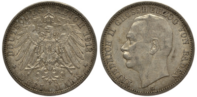 Баден 3 марки 1912 Фридрих II (1907-1918) J. 39, KM 280 серебро    3711-1734