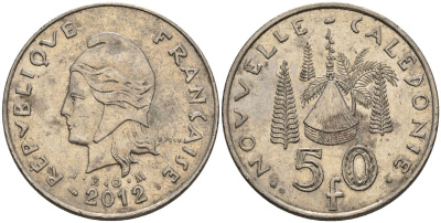 Французская Новая Каледония 50 франков 2012 хижина среди сосен и пальм, (IEOM) KM 13a, Schoen 15a, Lec 128i медно-никель 4111-1015