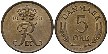 Дания 5 эре 1963 C; S, Фредерик IX (1947-1972) KM 848.1 бронза 4577-741