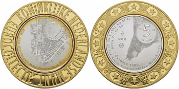 Нидерланды 5 евро 2009 400 лет Манхеттена в Нью-Йорке, евроколлекция Нидерландского монетного двора KM 282 серебро PROOF 11-141-34