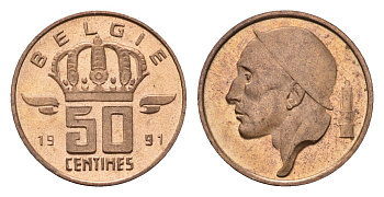 Бельгия 50 сантимов 1991 Belgie, Бодуэн I (1951-1993) KM 149 бронза UNC 116-522