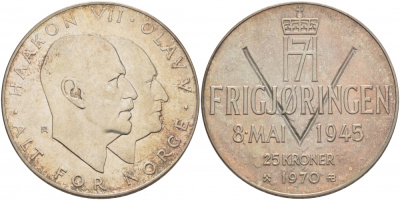 Норвегия 25 крон 1970 25 лет освобождения от фашизма KM 414 серебро UNC 1074-6-11