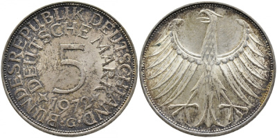 ФРГ 5 МАРОК 1972 G, J. 387, KM 112.1 серебро 413-4225
