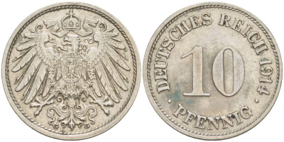 Германия 10 пфеннигов 1914 G KM 12, Jager 13, Weege 8 медно-никель 219-245