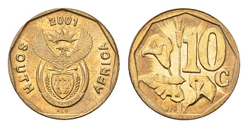 ЮАР 10 центов 2001 герб, цветок алоэ KM 224 сталь плакированная бронзой UNC 4694-767