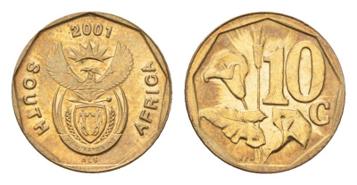 ЮАР 10 центов 2001 герб, цветок алоэ KM 224 сталь плакированная бронзой UNC 4694-767