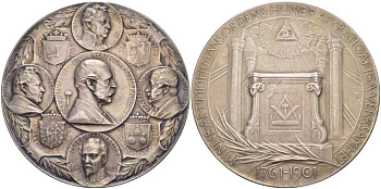 Швеция медаль 1901 в ознаменование 140 лет деятельности ордена масонов (1761-1901), медальер Erik Lindberg, диаметр 70 мм. серебро 10-003-25