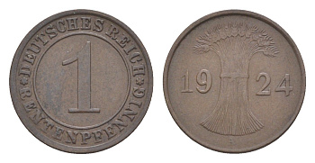 Германия 1 рентенпфенниг 1924 A KM 30, J. 306 бронза 4644-1025