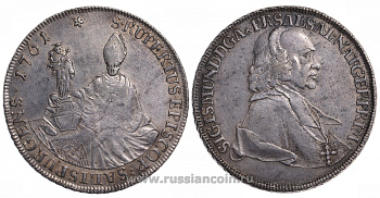 Австрия, Зальцбург 1 талер 1759 Зигмунд фон Шраттенбах (1753-1771), святой Руперт, мадонна с младенцем Dav. 1254, KM 395.2 серебро 00-806-16