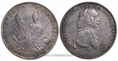 Австрия, Зальцбург 1 талер 1759 Зигмунд фон Шраттенбах (1753-1771), святой Руперт, мадонна с младенцем Dav. 1254, KM 395.2 серебро 00-806-16