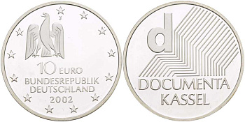 ФРГ 10 евро 2002 J, выставка документов в Касселе KM 217, DE. S. 10.3 серебро UNC 413-4734