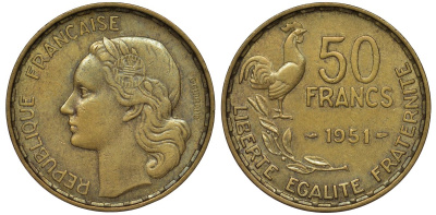 Франция 50 франков 1951 петух KM 918.1, Le Franc 425.5 алюминиевая бронза 4131-221