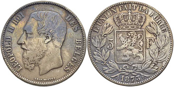 Бельгия 5 франков 1873 Леопольд II (1865-1909), позиция А KM 24 серебро 5010-935