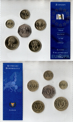 Кипр набор из 6 монет (1, 2, 5, 10, 20 и 50 центов) 1998, 2001 и 2002 в красочной упаковке с информацией о стране KM 53.3, 54.3, 55.3, 56.3, 62.2 и 66 UNC 2-6-3-108
