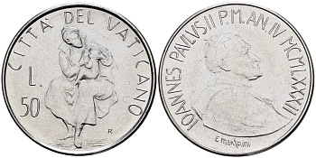 ВАТИКАН 50 ЛИР 1982 ГОД IV, ИОАНН ПАВЕЛ II (1978-2005), МАТЕРИНСТВО KM 163 нержавеющая сталь 4519-456