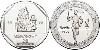 Перу 20 солей 1996 XXVI Олимпийские игры 1996 года в Атланте, 100 лет Олимпийскому движению, олимпийский огонь, пробник, рубчатый гурт алюминий PROOF 06-159-15