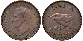 Великобритания 1 фартинг 1941 Георг VI (1936-1952) KM 843, Spink 4116 бронза 4122-654